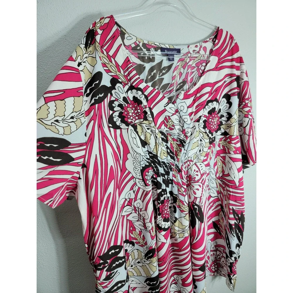 Roaman's Womens 30W Tunic Top Pink Floral Abstract Zebra V-Neck Lightweight